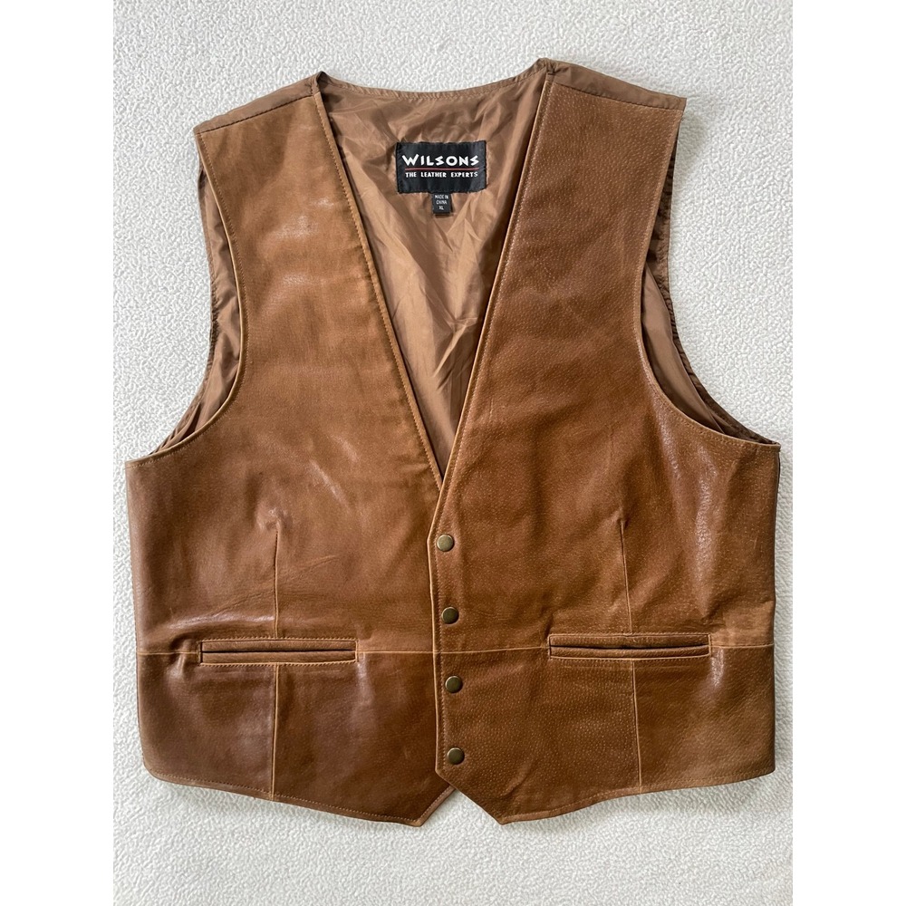 Wilsons Mens Extra Large Leather Vest Brown Button Front Cinch Back Classic 90s